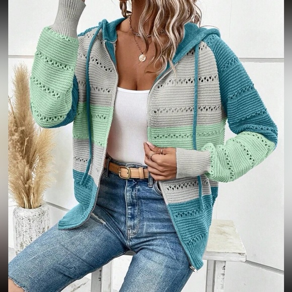 Boho color block zip up drawstring hooded knit sweater - Picture 1 of 5